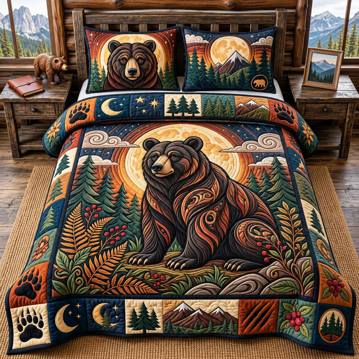 Autumn Moon Bear quilted 3-piece bedding set on a made bed with two matching pillow shams