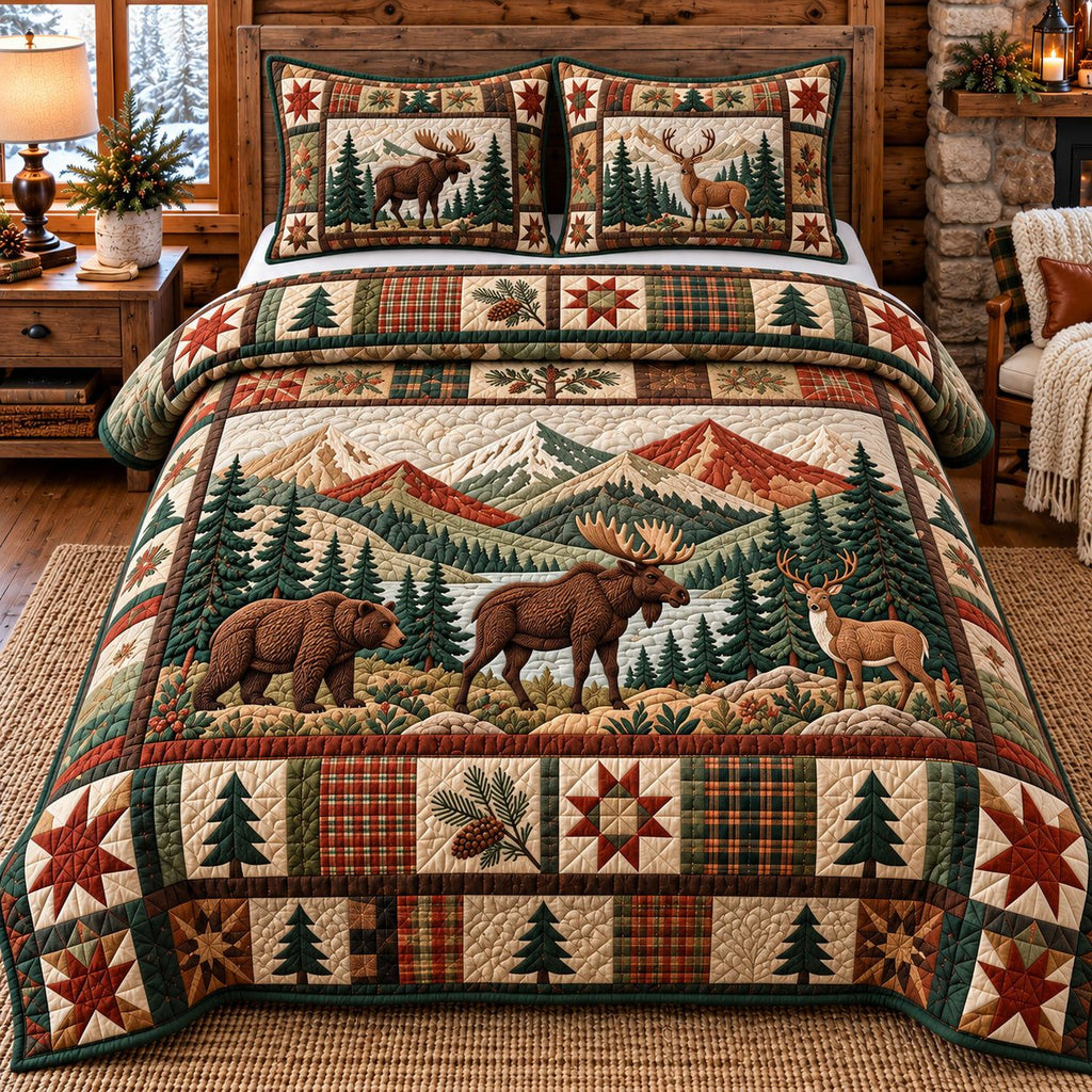 Autumn Mountain Bear Moose Patchwork quilted 3-piece bedding set on a made bed in a farmhouse bedroom