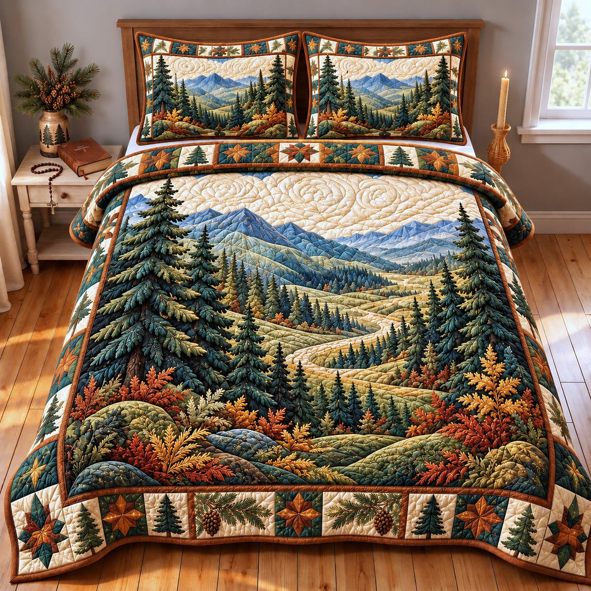 Autumn Mountain quilted 3-piece bedding set on a made bed with two matching pillow shams