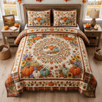Autumn Pumpkin 3-Piece Quilted Bedding Set GFTOPND1433 quilted 3-piece bedding set on a made bed against a dark styled interior
