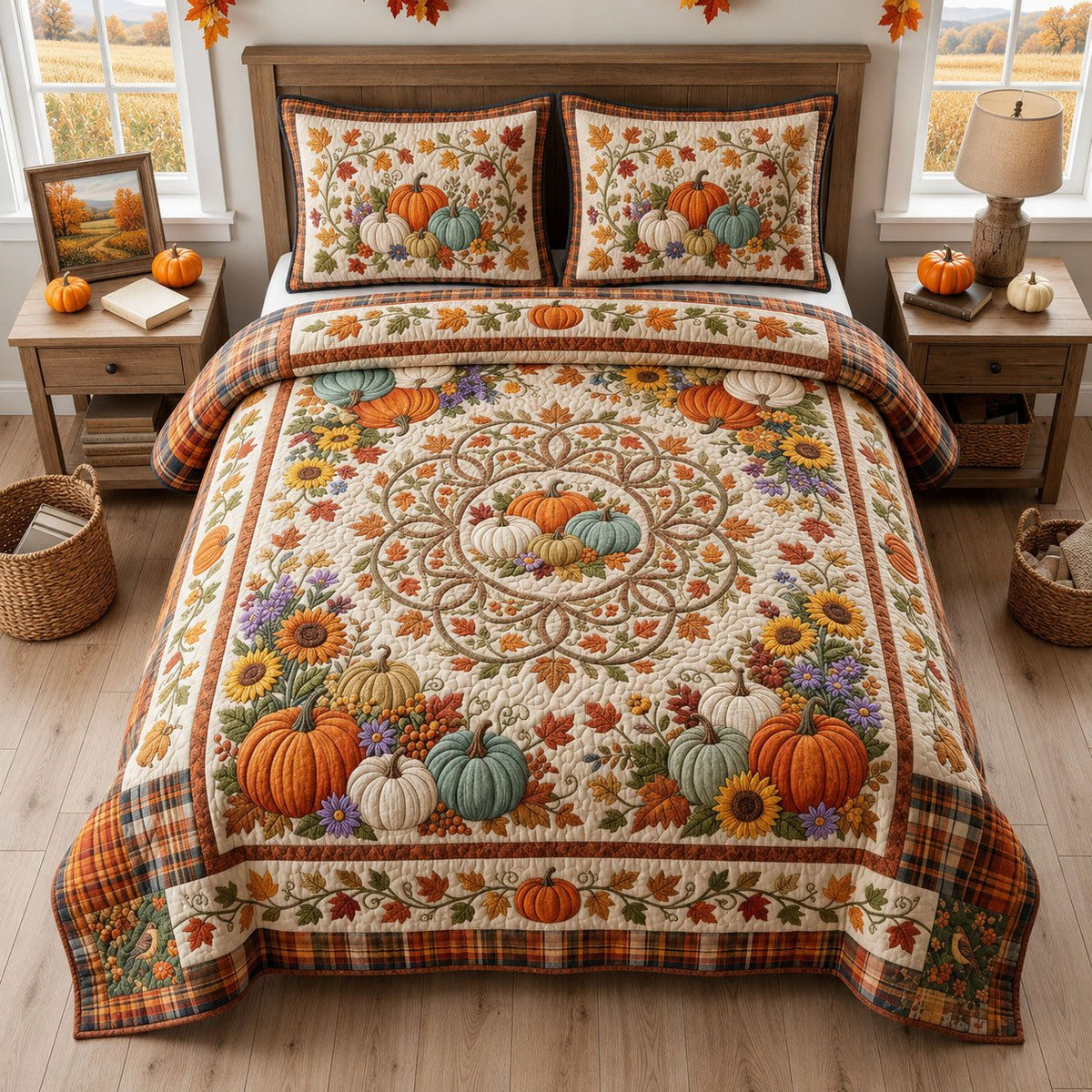 Autumn Pumpkin 3-Piece Quilted Bedding Set GFTOPND1433 quilted 3-piece bedding set on a made bed against a dark styled interior