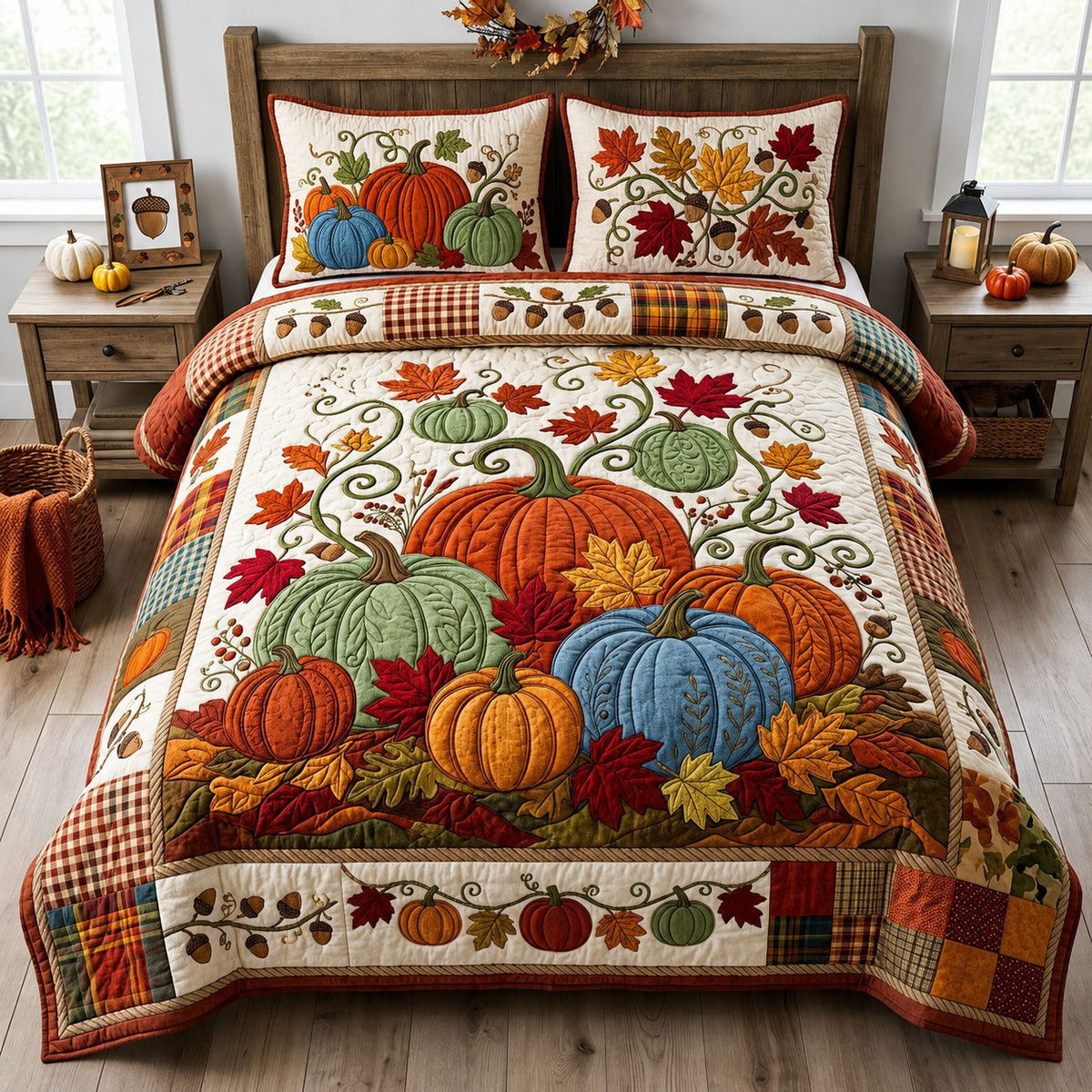Autumn Pumpkin 3-Piece Quilted Bedding Set GFTOPND1443 quilted 3-piece bedding set on a made bed against a dark styled interior