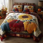 Autumn Pumpkin 3-Piece Quilted Bedding Set GFTOTP11233 quilted 3-piece bedding set on a made bed against a dark styled interior