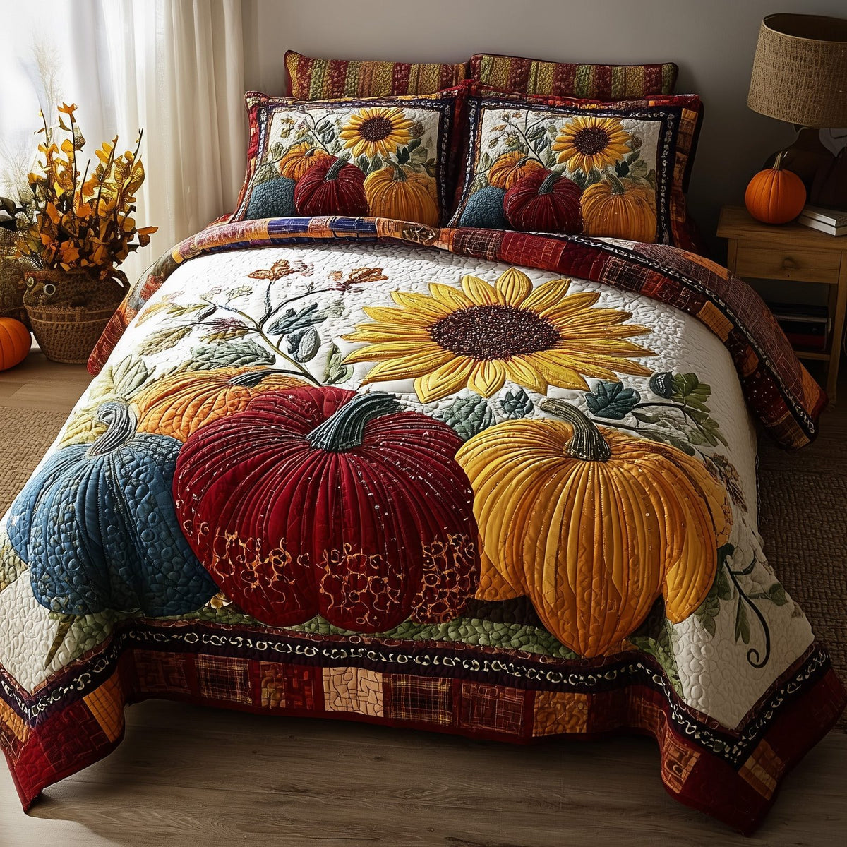 Autumn Pumpkin 3-Piece Quilted Bedding Set GFTOTP11233 quilted 3-piece bedding set on a made bed against a dark styled interior