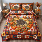 Autumn Pumpkin Patch Raccoon quilted 3-piece bedding set on a made bed against a dark styled interior