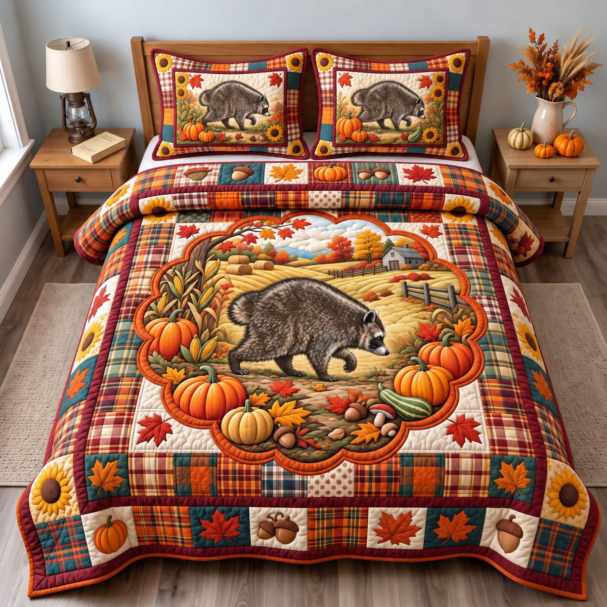 Autumn Pumpkin Patch Raccoon quilted 3-piece bedding set on a made bed against a dark styled interior