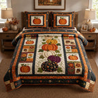 Autumn Pumpkin Patchwork 3-Piece Quilted Bedding Set GFTOLAN748 quilted 3-piece bedding set on a made bed against a dark styled interior