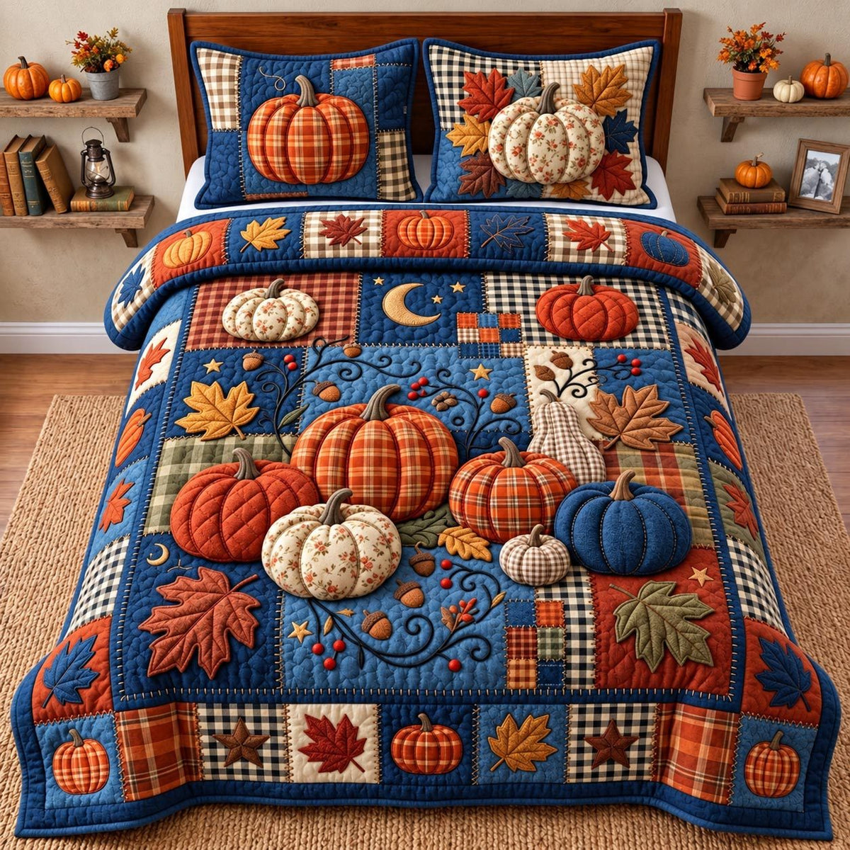 Autumn Pumpkin Patchwork quilted 3-piece bedding set on a made bed against a dark styled interior