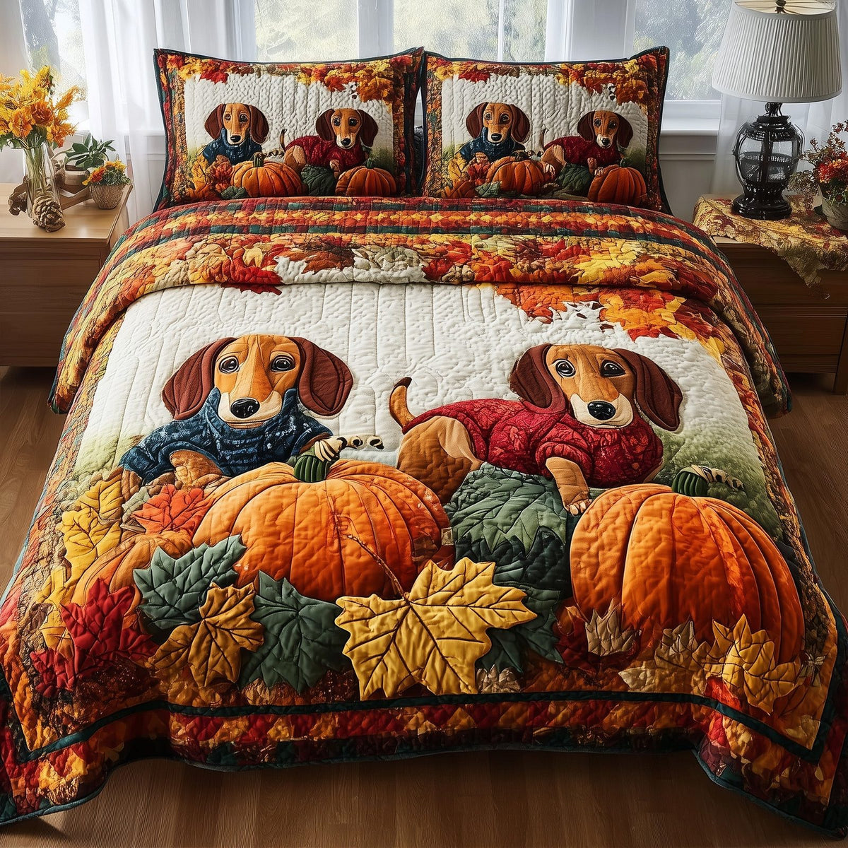 Autumn Pup Haven 3-Piece Quilted Bedding Set GFTOTP11350 quilted 3-piece bedding set on a made bed with two matching pillow shams