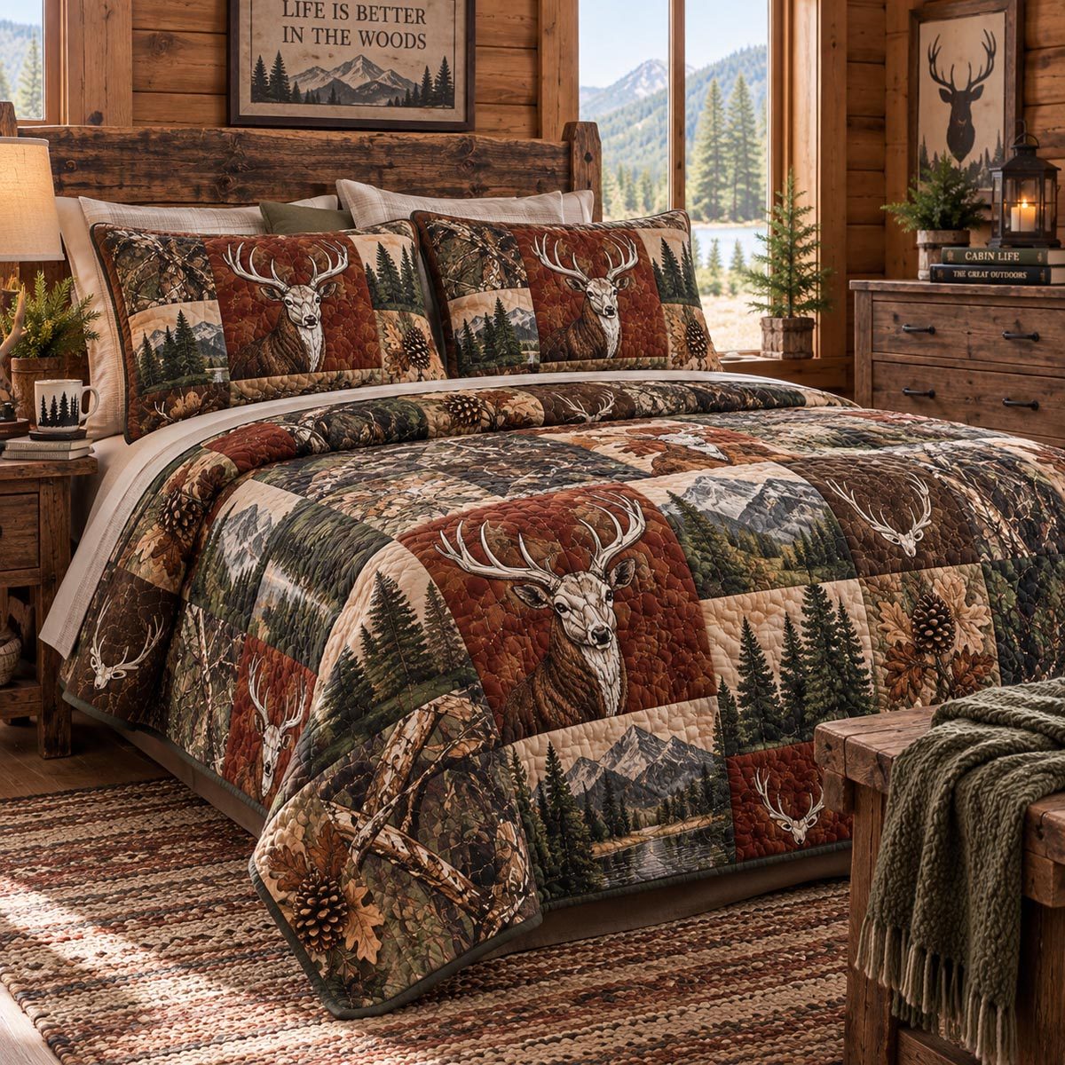 Autumn Stag Wilderness quilted 3-piece bedding set on a made bed with two matching pillow shams