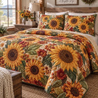 Autumn Sunflower Garden quilted 3-piece bedding set on a made bed with two matching pillow shams