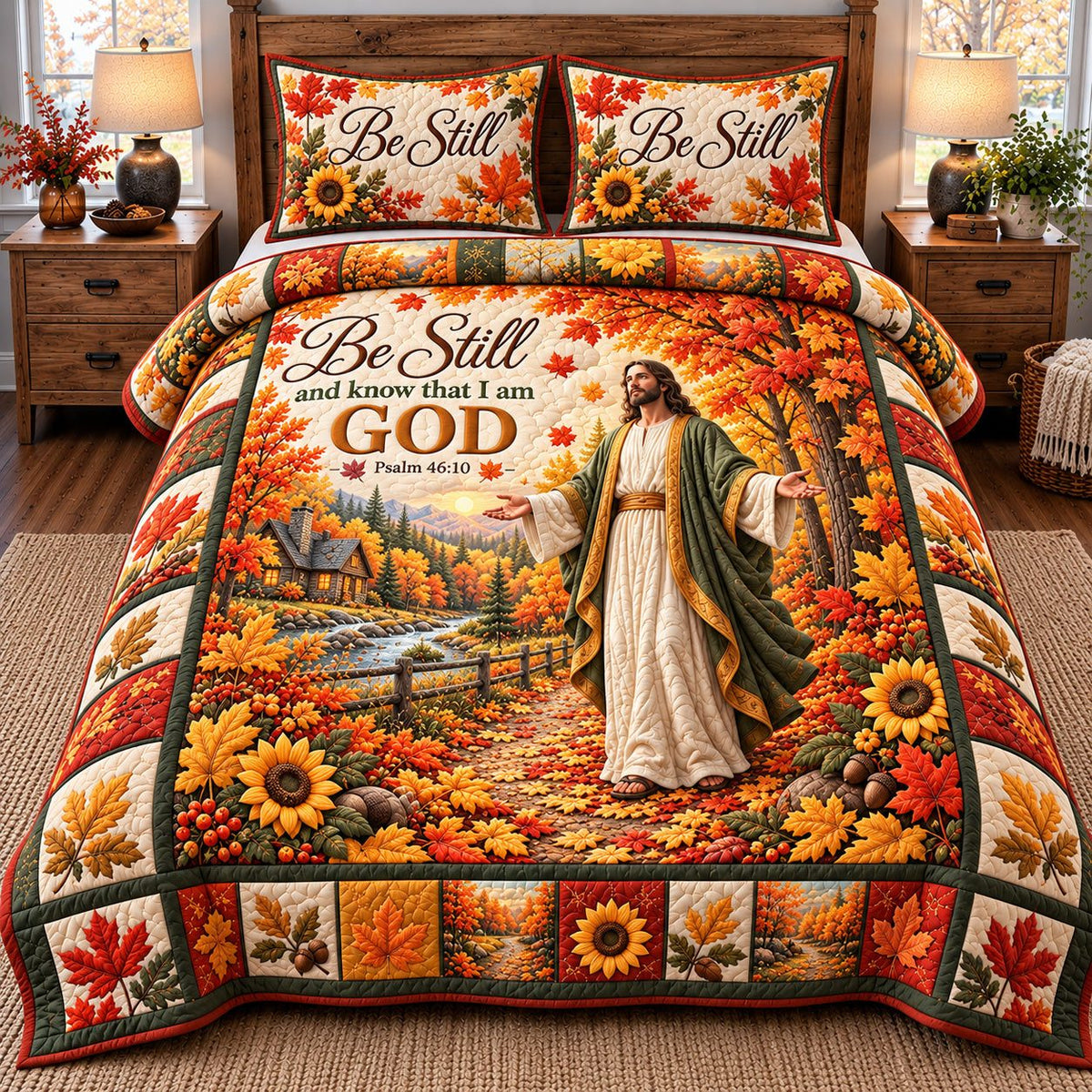 Autumn Sunflower Path Be Still And Know God quilted 3-piece bedding set on a made bed in a softly lit bedroom