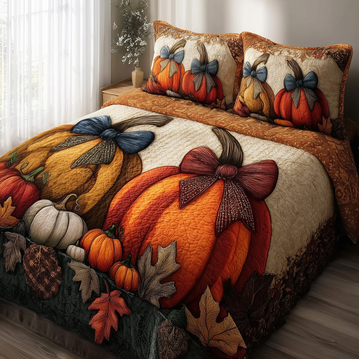 Autumn Vibe 3-Piece Quilted Bedding Set GFTOMA2682 quilted 3-piece bedding set on a made bed with two matching pillow shams