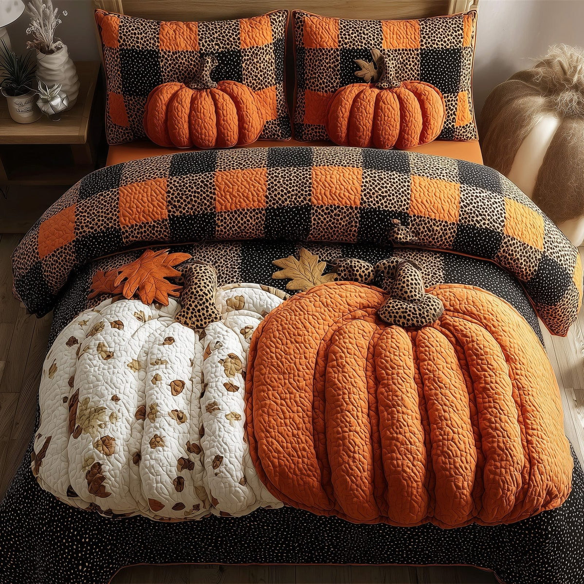 Autumn Vibe 3-Piece Quilted Bedding Set GFTONL6109 quilted 3-piece bedding set on a made bed with two matching pillow shams