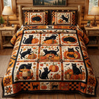 Autumn Whiskers 3-Piece Quilted Bedding Set GFTOMA12347 quilted 3-piece bedding set on a made bed with two matching pillow shams
