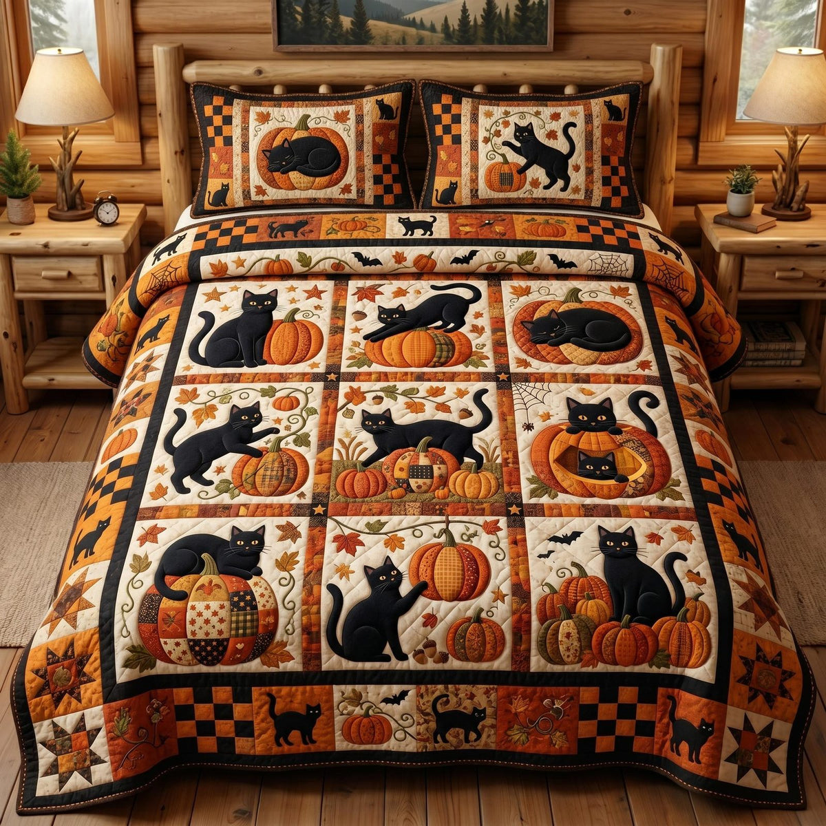 Autumn Whiskers 3-Piece Quilted Bedding Set GFTOMA12347 quilted 3-piece bedding set on a made bed with two matching pillow shams