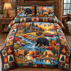 Autumn Wilderness Adventure quilted 3-piece bedding set on a made bed in a winter-styled bedroom