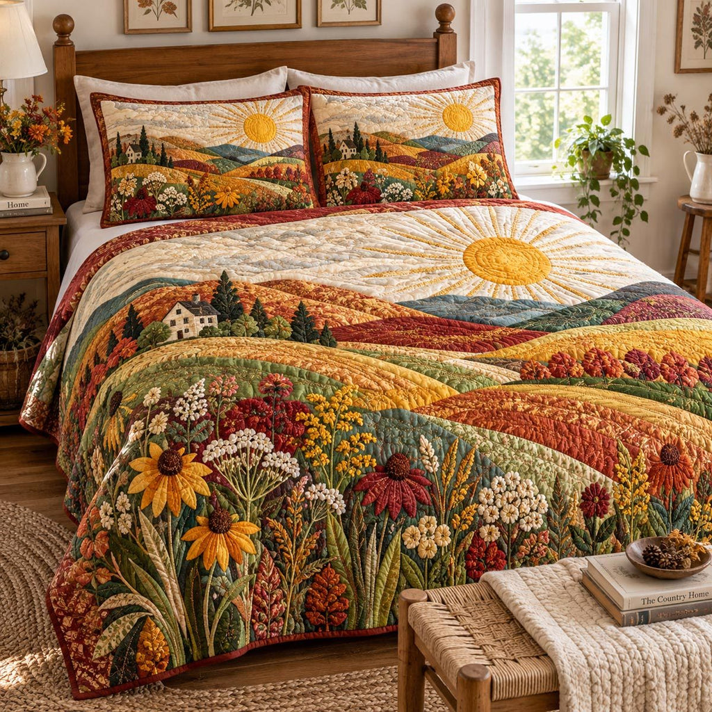 Autumn Wildflower Hills quilted 3-piece bedding set on a made bed with two matching pillow shams