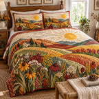 Autumn Wildflower Hills quilted 3-piece bedding set on a made bed with two matching pillow shams