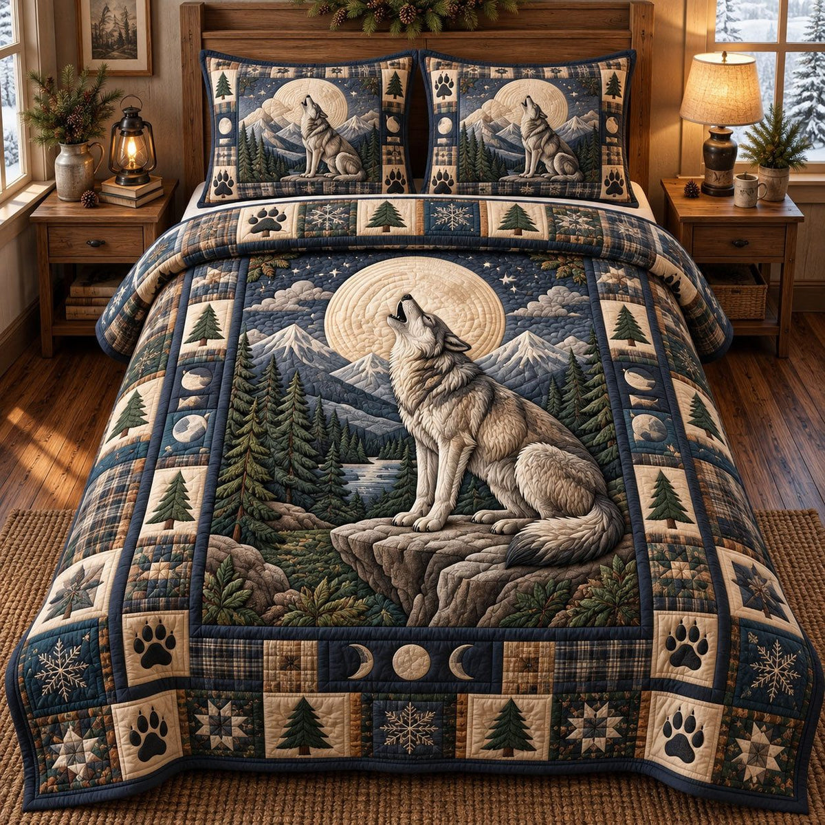 Autumn Wolf Pair Rustic quilted 3-piece bedding set on a made bed in a farmhouse bedroom