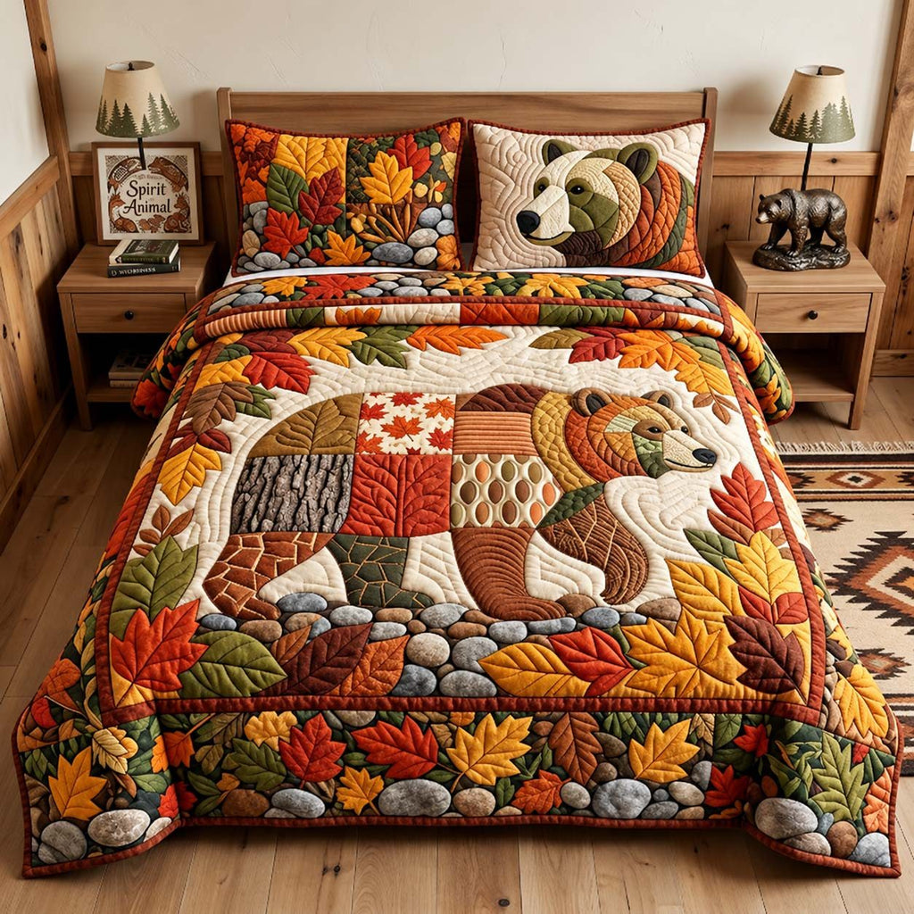 Autumn Woodland Bear quilted 3-piece bedding set on a made bed with two matching pillow shams