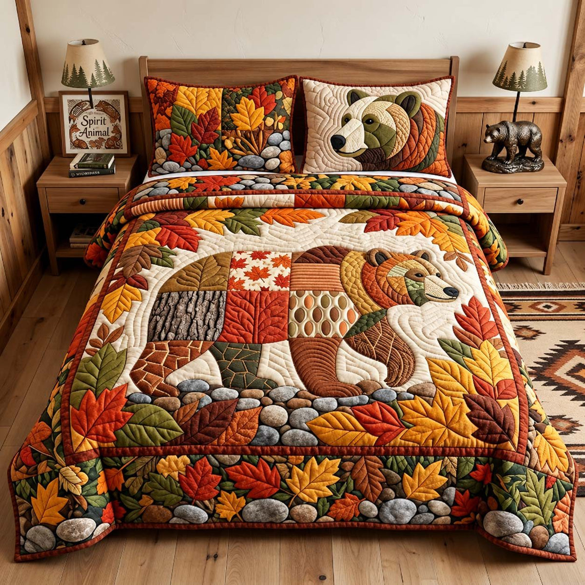 Autumn Woodland Bear quilted 3-piece bedding set on a made bed with two matching pillow shams