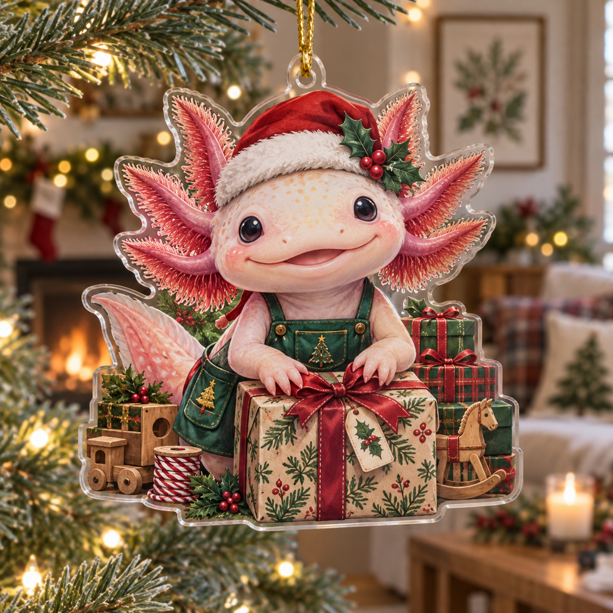 Axolotl Acrylic Christmas Ornament — digital product visualization