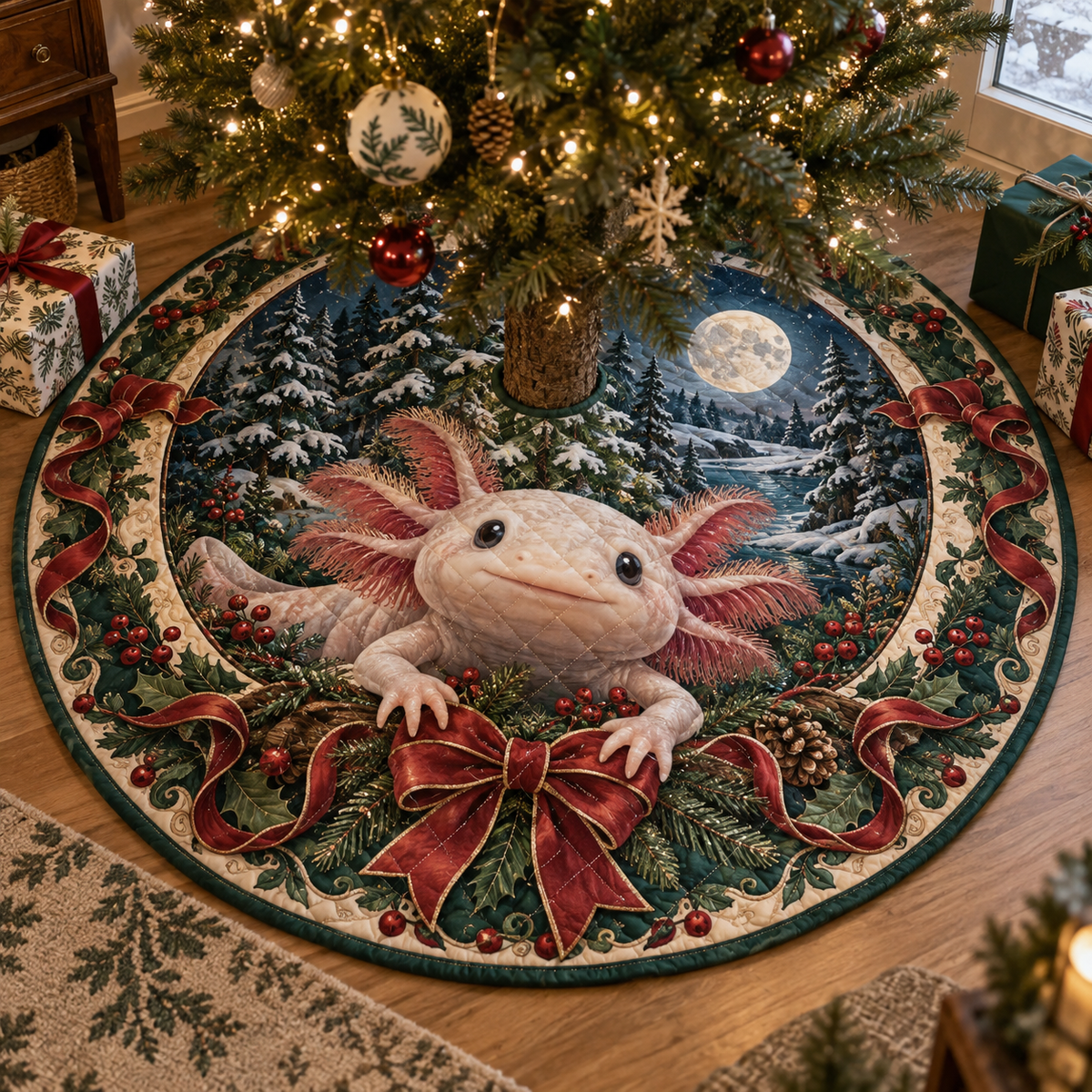 Axolotl Quilted Christmas Tree Skirt — digital product visualization