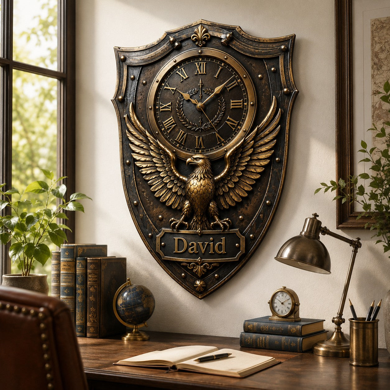 Eagle shield Custom Name Wall Clock — personalized with a custom name