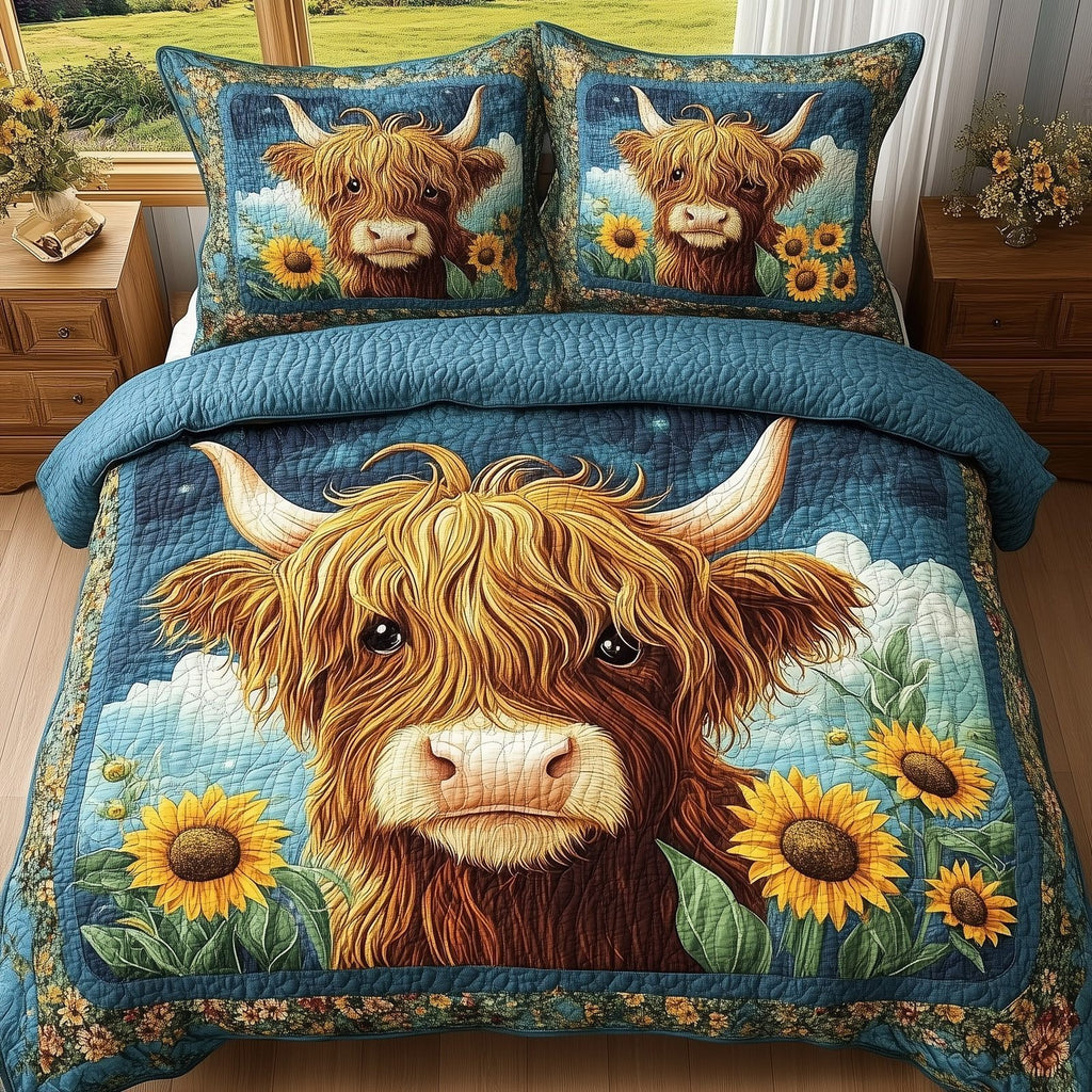 Baby Highland Cow 3-Piece Quilted Bedding Set GFTONL4295 quilted 3-piece bedding set on a made bed with two matching pillow shams