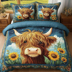 Baby Highland Cow 3-Piece Quilted Bedding Set GFTONL4295 quilted 3-piece bedding set on a made bed with two matching pillow shams