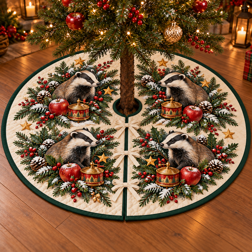 Badger Apple Golden Tin printed Christmas circular tree skirt; design mockup showing a flat printed depth effect.