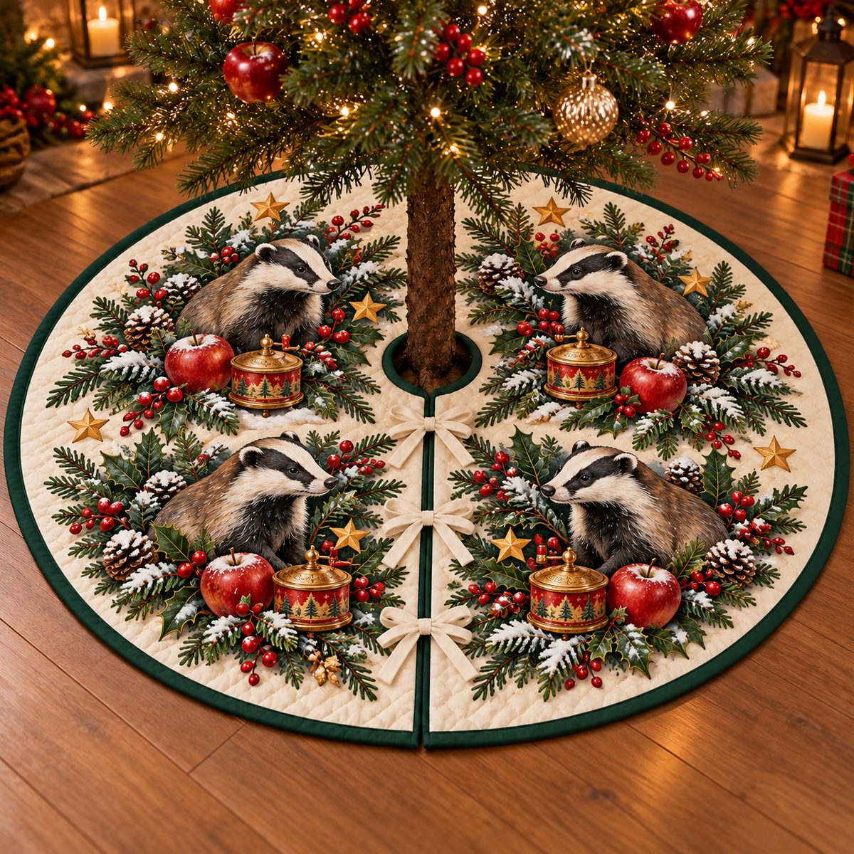 Badger Apple Golden Tin printed Christmas circular tree skirt; design mockup showing a flat printed depth effect.
