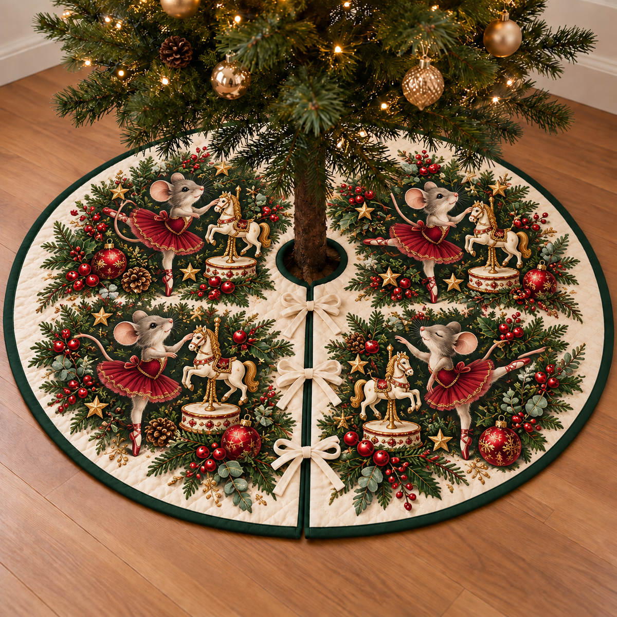 Four ballet mice beside carousel horses on an ivory Christmas tree skirt with green binding and three ties; design mockup.