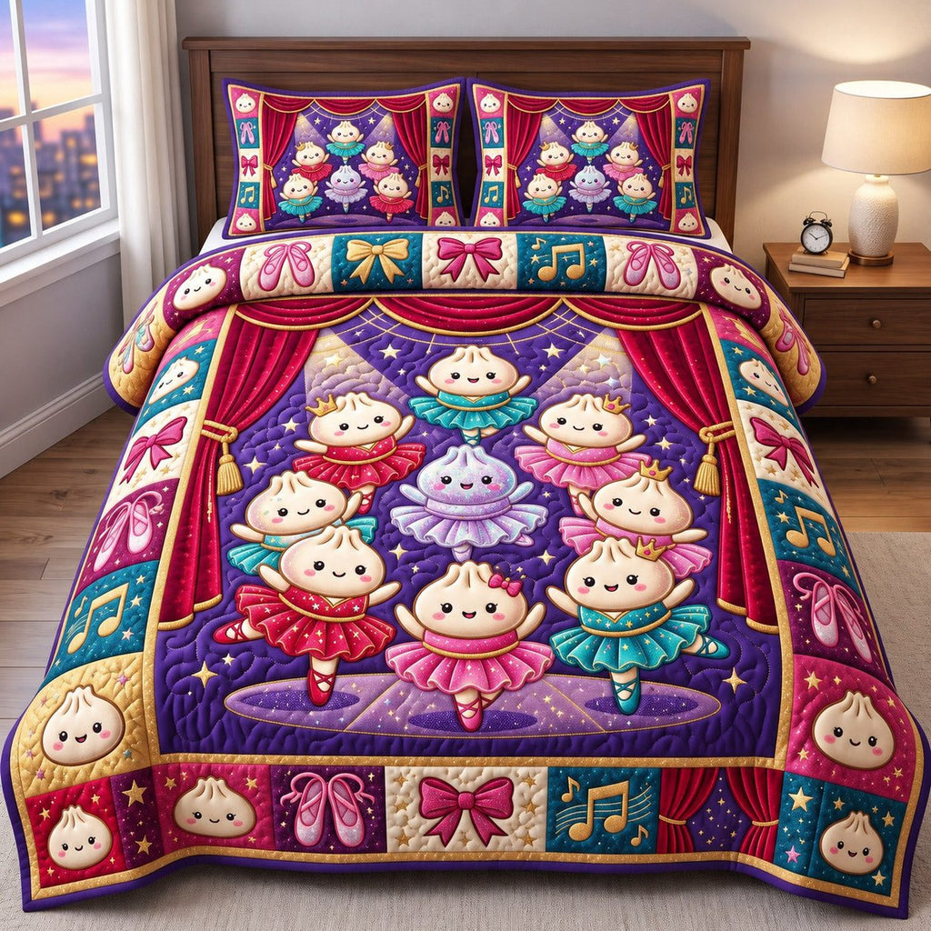 Ballet Stage Dumplings quilted 3-piece bedding set on a made bed with two matching pillow shams