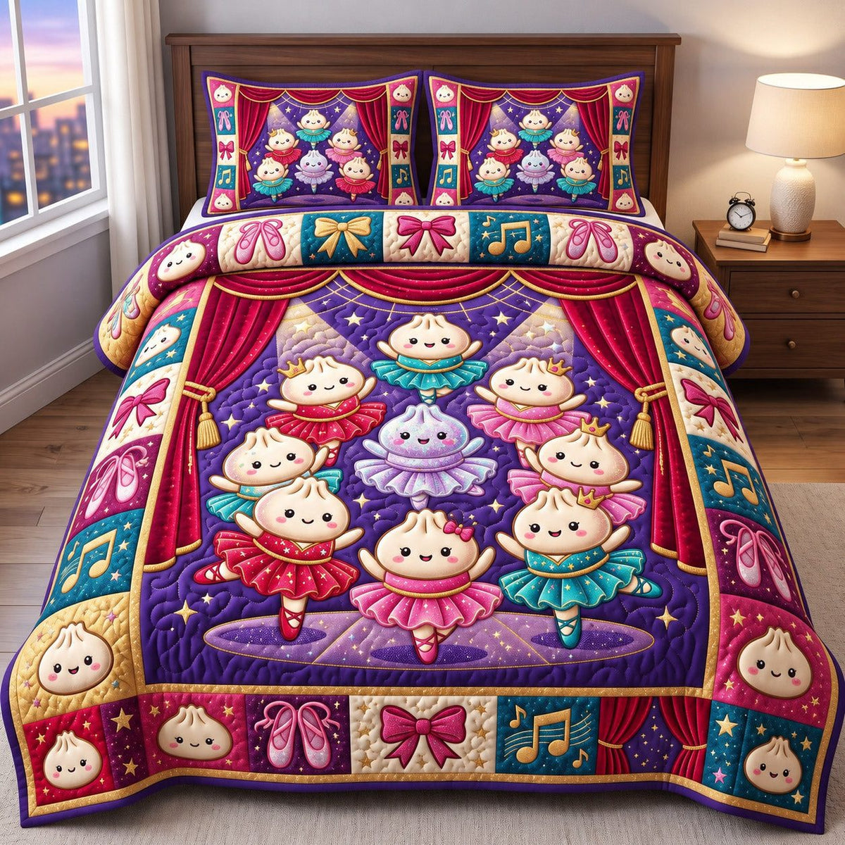 Ballet Stage Dumplings quilted 3-piece bedding set on a made bed with two matching pillow shams
