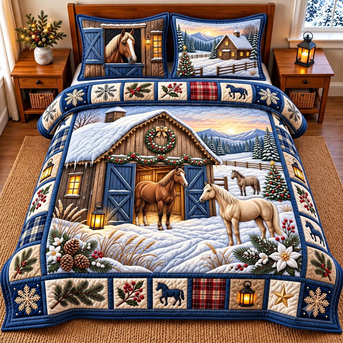 Barn Door Snowy Horse quilted 3-piece bedding set on a made bed in a rustic timber bedroom