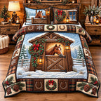 Barn Door Wreath Snowy Horse quilted 3-piece bedding set on a made bed in a rustic timber bedroom