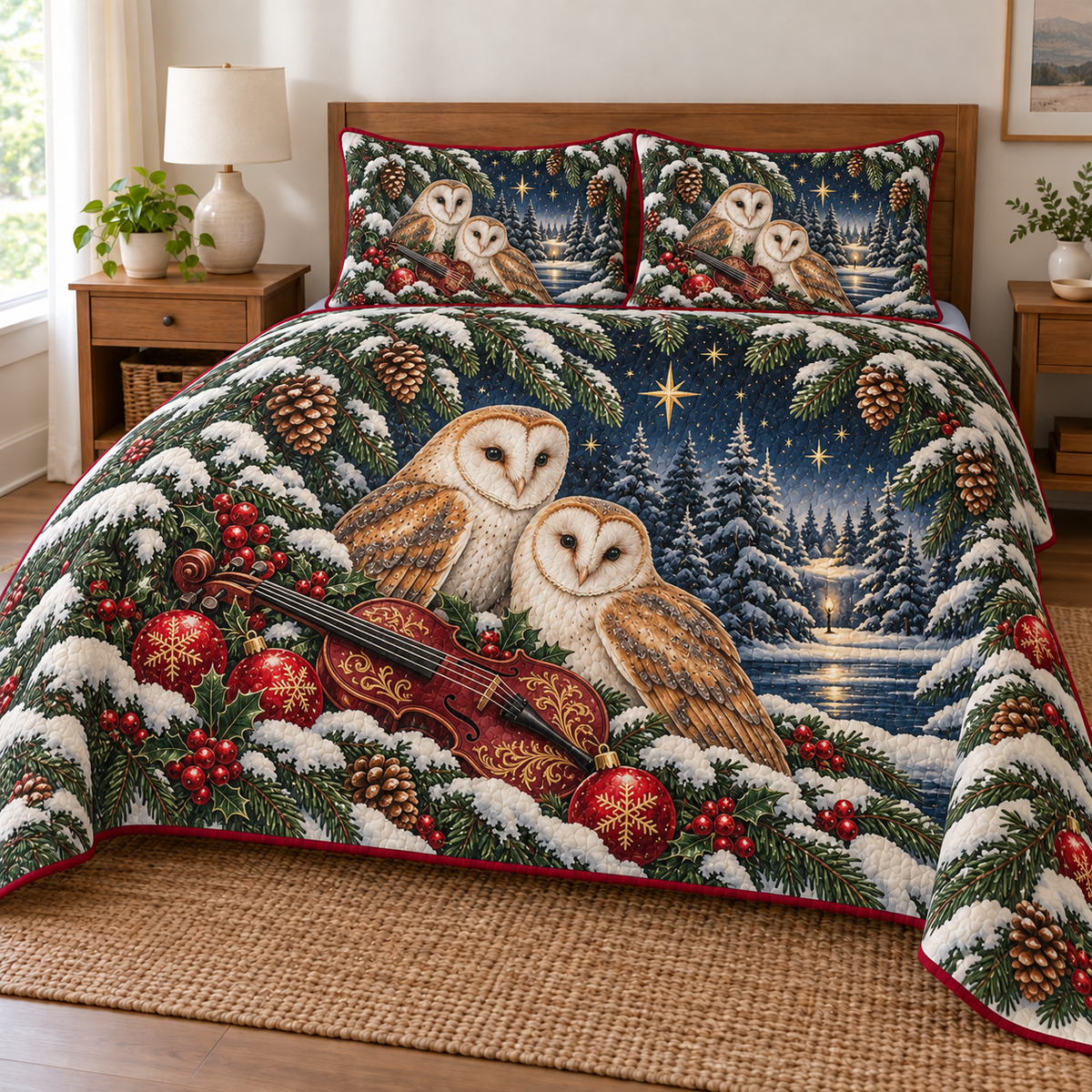 Barn Owl Burgundy Violin printed Christmas quilt and two matching pillow shams; design mockup showing a flat printed depth effect.