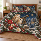 Barn Owl Rose Observatory printed Christmas quilt and two matching pillow shams; design mockup showing a flat printed depth effect.