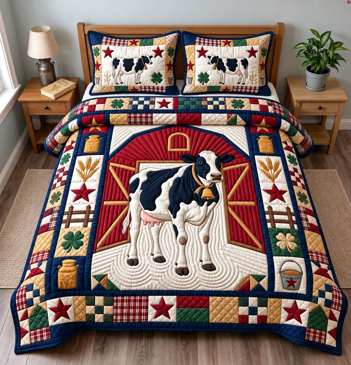 Barnyard Cow Charm quilted 3-piece bedding set on a made bed with two matching pillow shams
