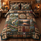 Bass Fishing Lodge Sign quilted 3-piece bedding set on a made bed with two matching pillow shams