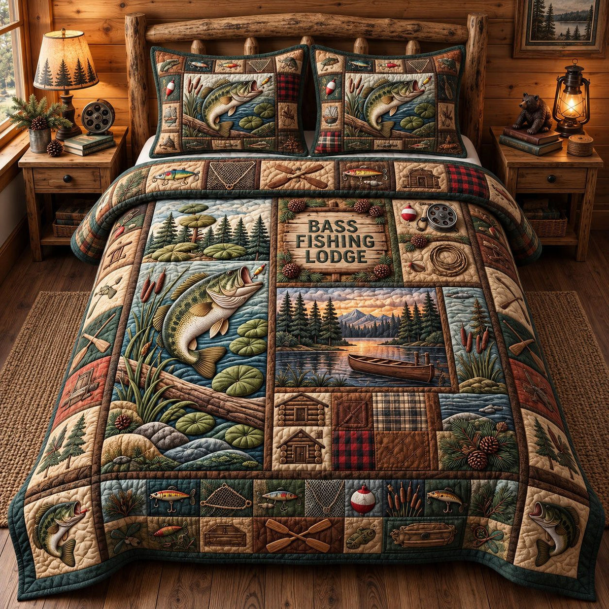 Bass Fishing Lodge Sign quilted 3-piece bedding set on a made bed with two matching pillow shams