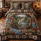 Bass Wreath Lily Pad Rustic quilted 3-piece bedding set on a made bed in a farmhouse bedroom