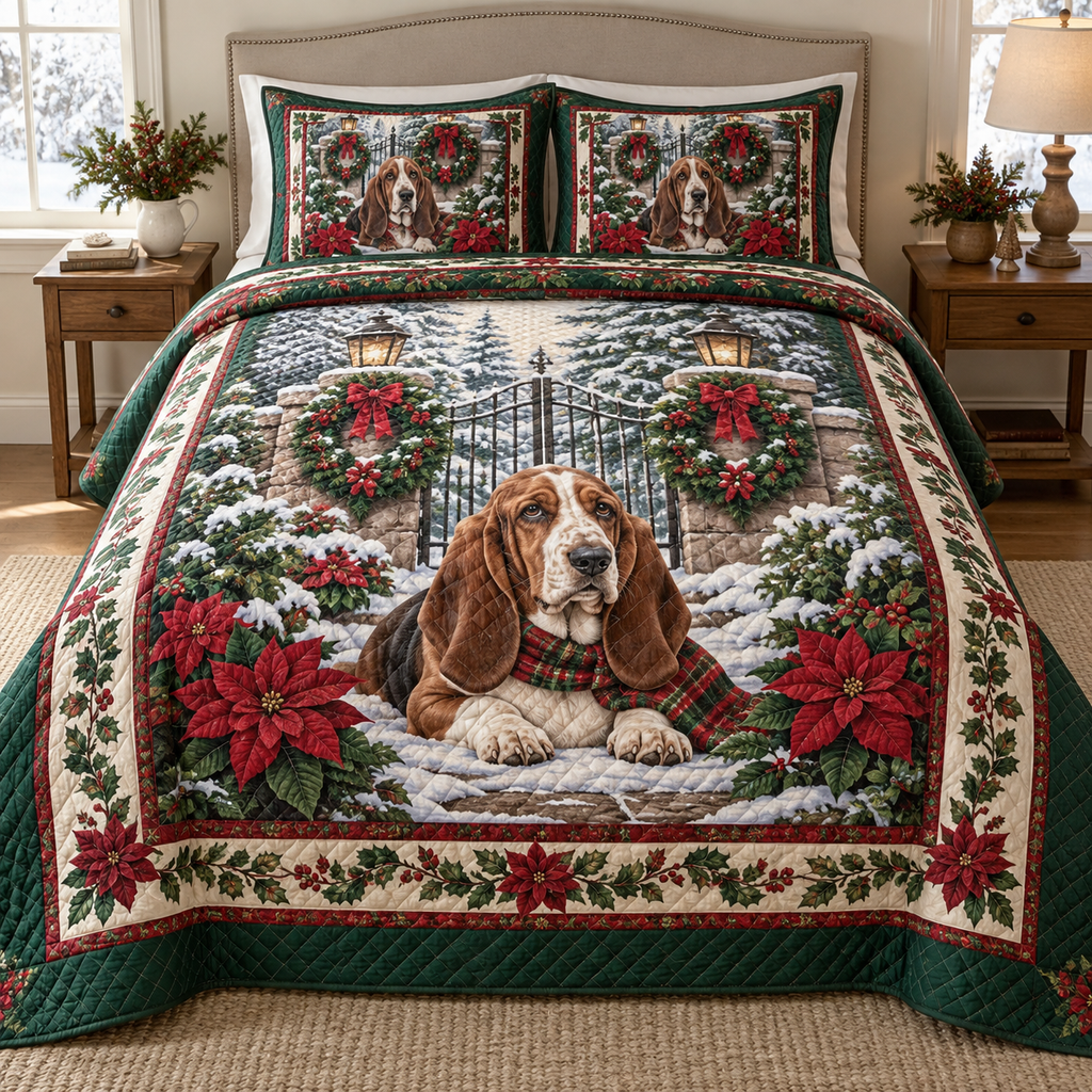 Basset Hound Christmas 3-Piece Quilted Bedding Set — digital product visualization