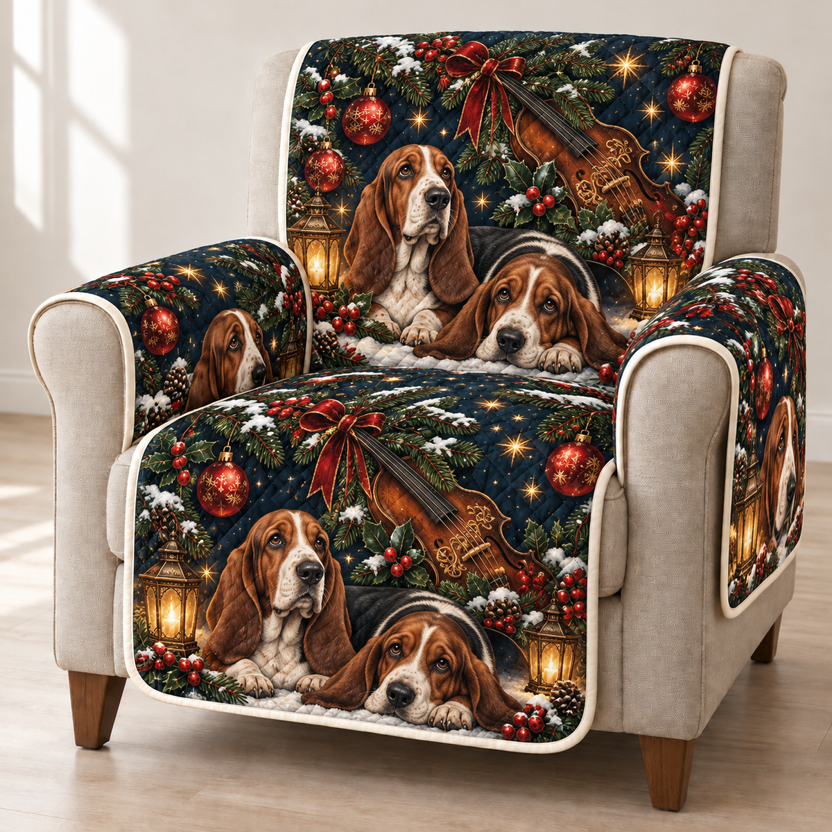 Basset Hound Snowy Violin Arch printed Christmas quilted sofa cover; design mockup showing a flat printed depth effect.