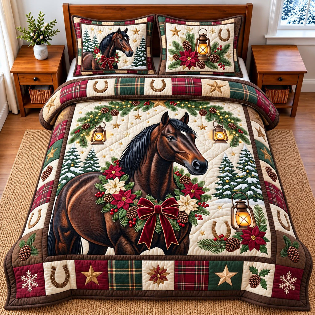 Bay Horse Poinsettia Bow quilted 3-piece bedding set on a made bed in a winter-styled bedroom