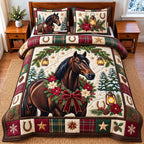 Bay Horse Poinsettia Bow quilted 3-piece bedding set on a made bed in a winter-styled bedroom