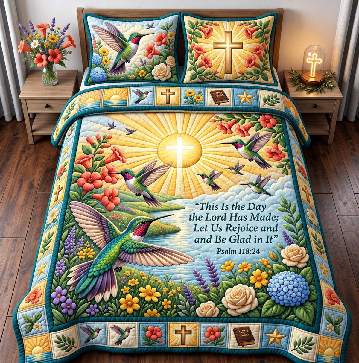 Be Glad In It quilted 3-piece bedding set on a made bed with two matching pillow shams