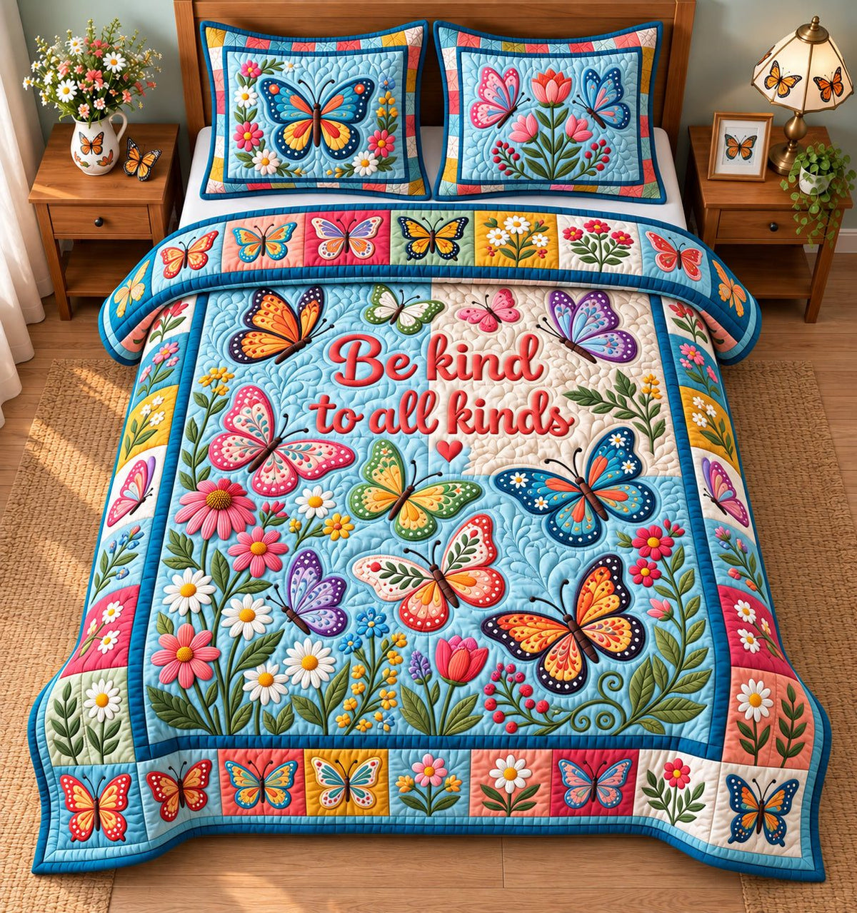 Be Kind To Alll Kinds quilted 3-piece bedding set on a made bed with two matching pillow shams